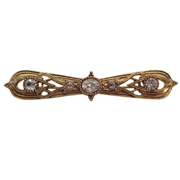 1928 Brand Gold Tone Clear Rhinestone Bar Brooch Pin E883 - Picture 1 of 8